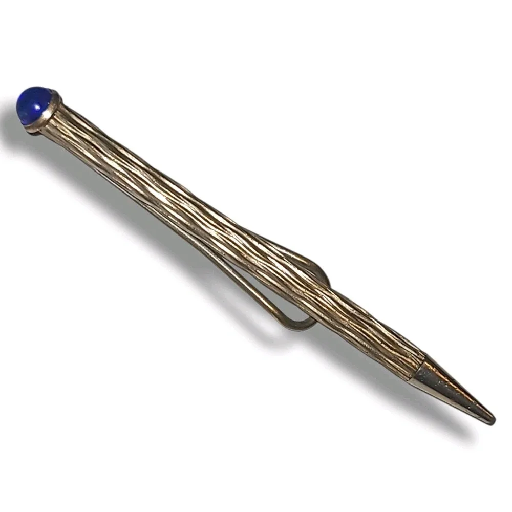Vintage Gold Tone Mechanical Pencil Blue Cabochon Textured Pocket Clip 3.5
